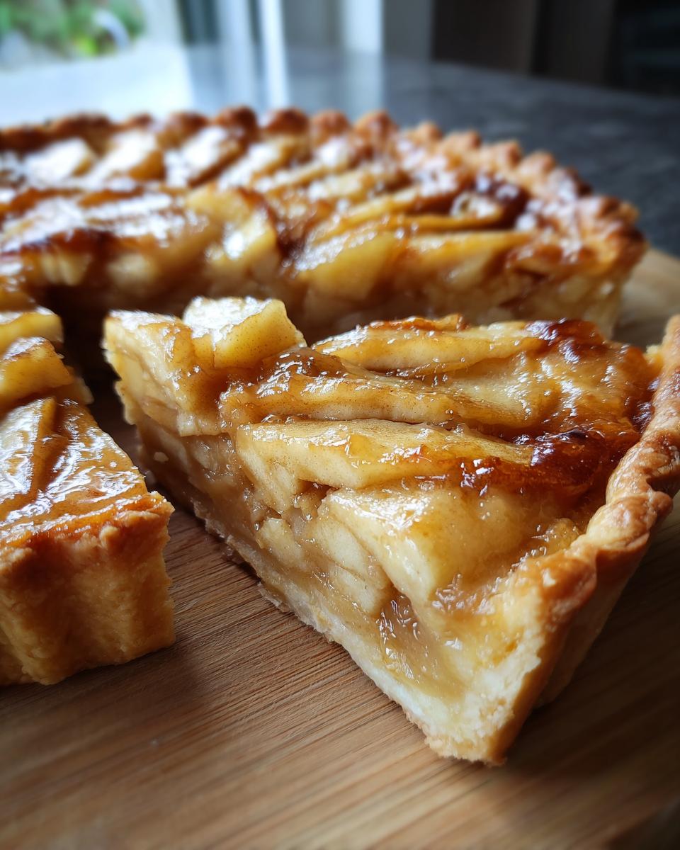 Close-up of a thick slice of shiny, glazed apple tart showing layered fruit filling and a crisp crust.