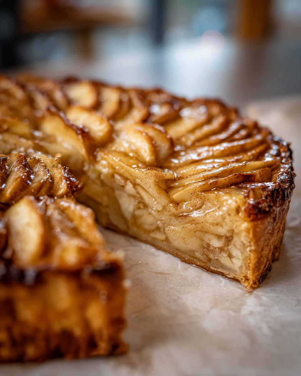 A close-up, shallow depth of field photo of a beautiful, glazed apple tart with a slice cut out, showing the layered apples.