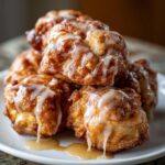 A close-up of several golden brown baked apple fritters drizzled with white glaze, piled on a white plate.
