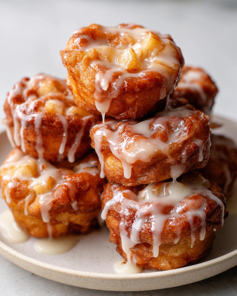 Close-up of a stack of golden brown baked apple fritters generously drizzled with white vanilla glaze.