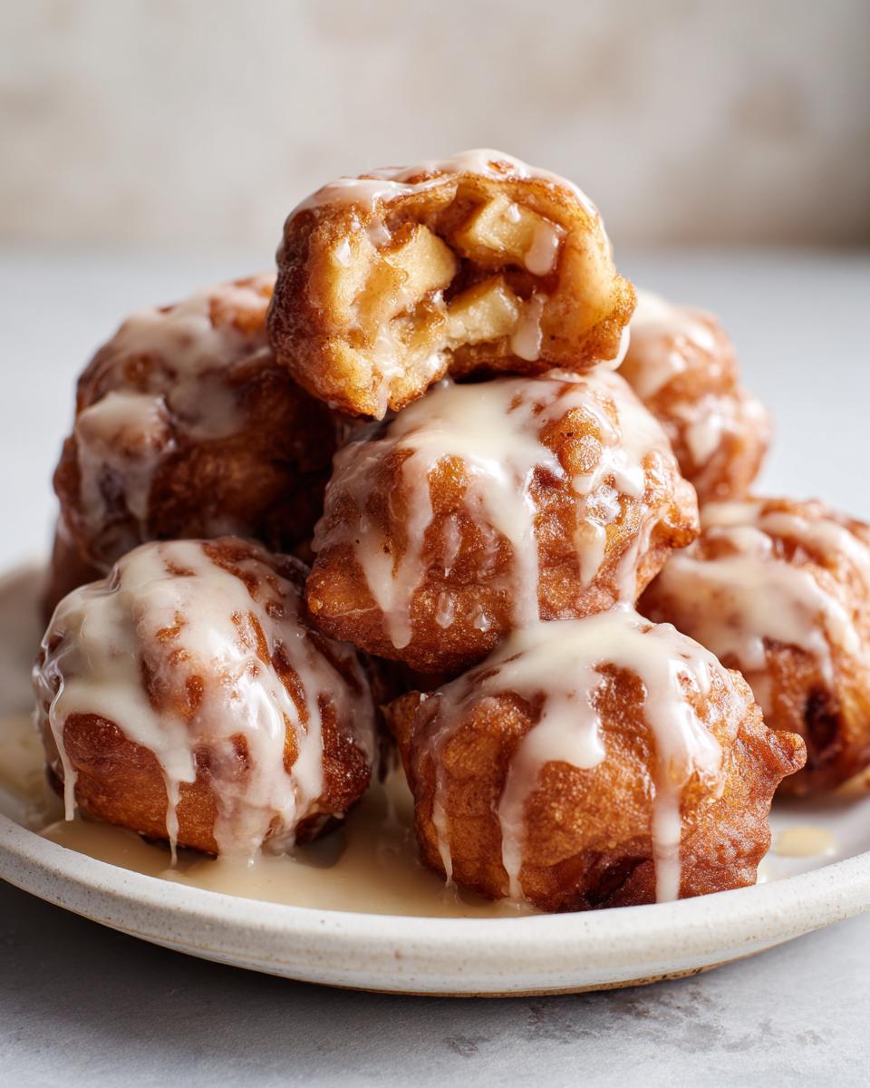 A stack of golden brown baked apple fritters drizzled generously with a white glaze.