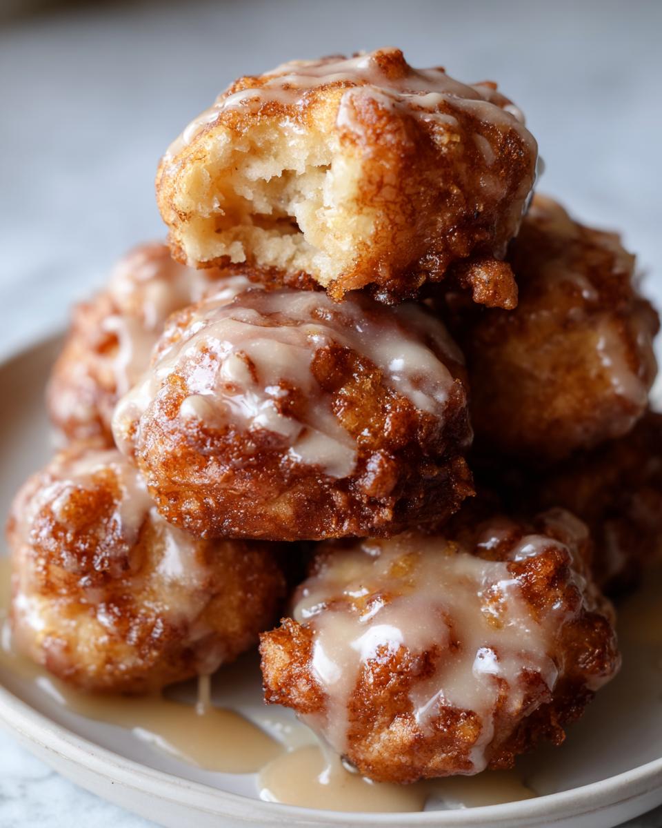 Close-up of a stack of golden brown baked apple fritters drizzled with vanilla glaze, one fritter has a bite showing the soft interior.