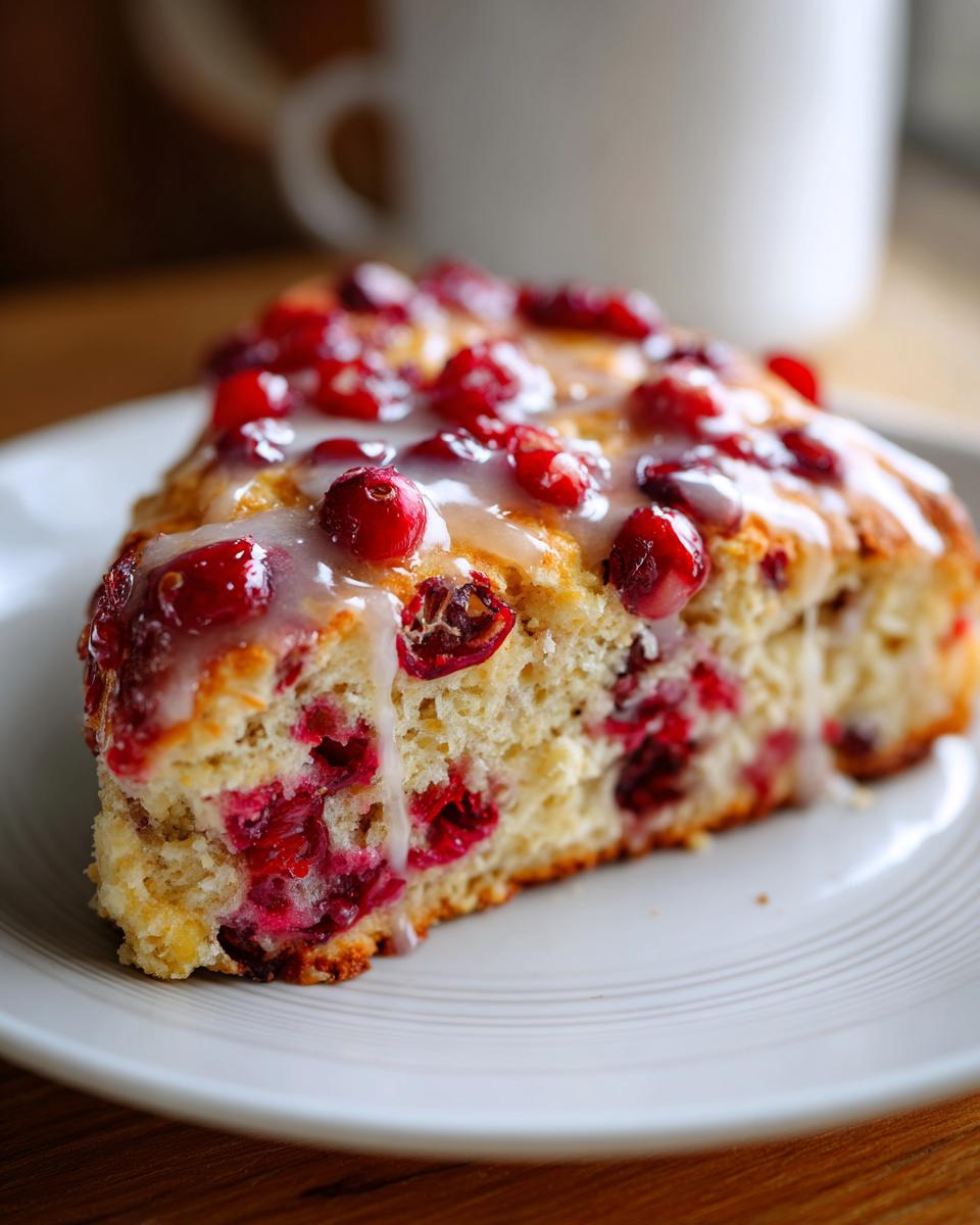 Close-up of a single slice of cranberry orange scones topped with bright red cranberries and a white glaze.