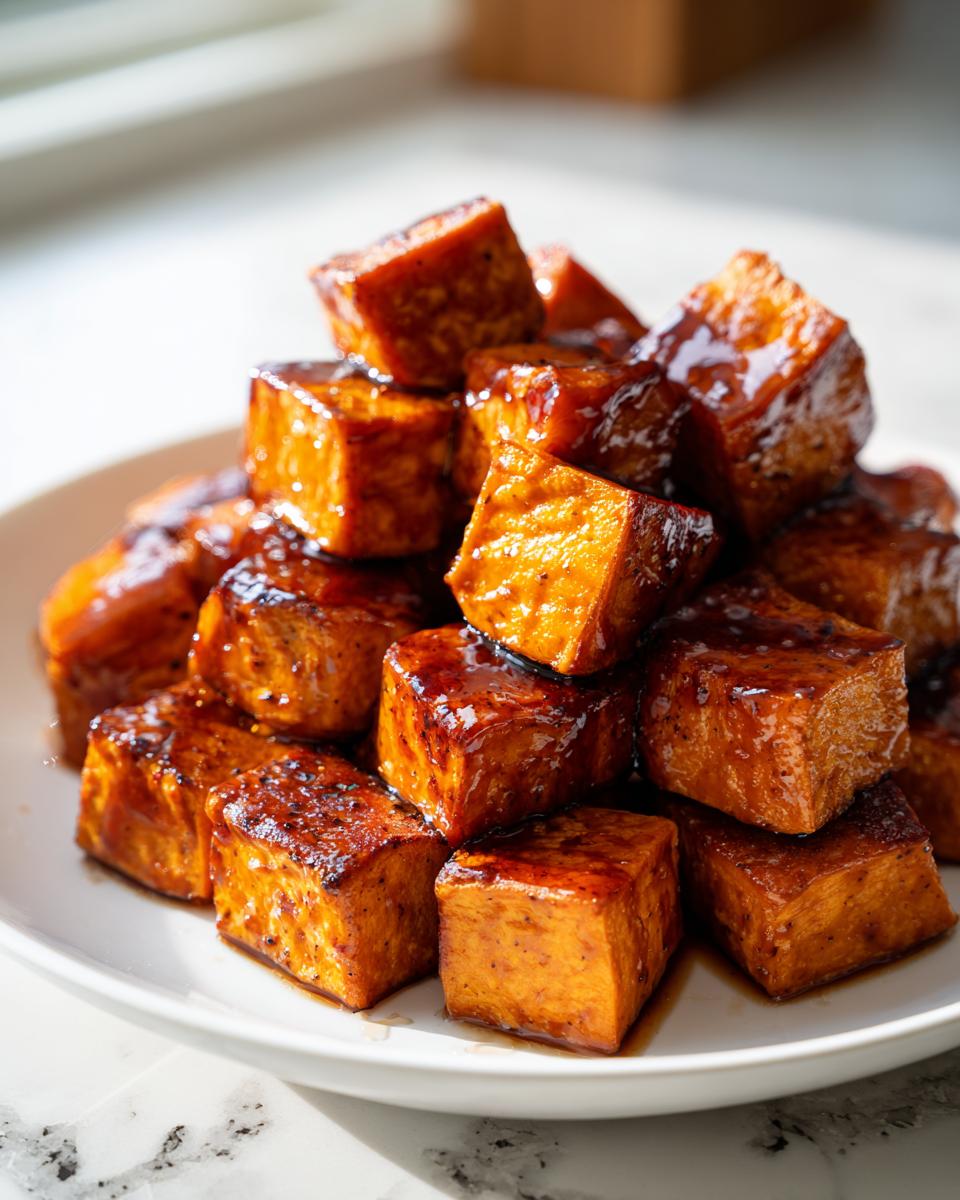 A pile of perfectly cubed and glazed sweet potatoes stacked on a white plate, ready to serve.