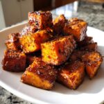 Close-up of caramelized and glazed cubes of sweet potatoes piled on a white plate.