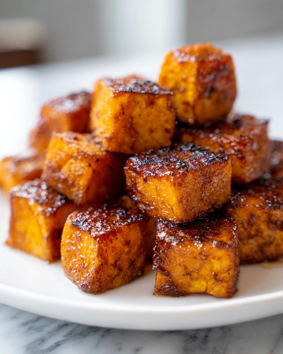 Close-up of caramelized and glazed cubes of sweet potatoes stacked on a white plate.