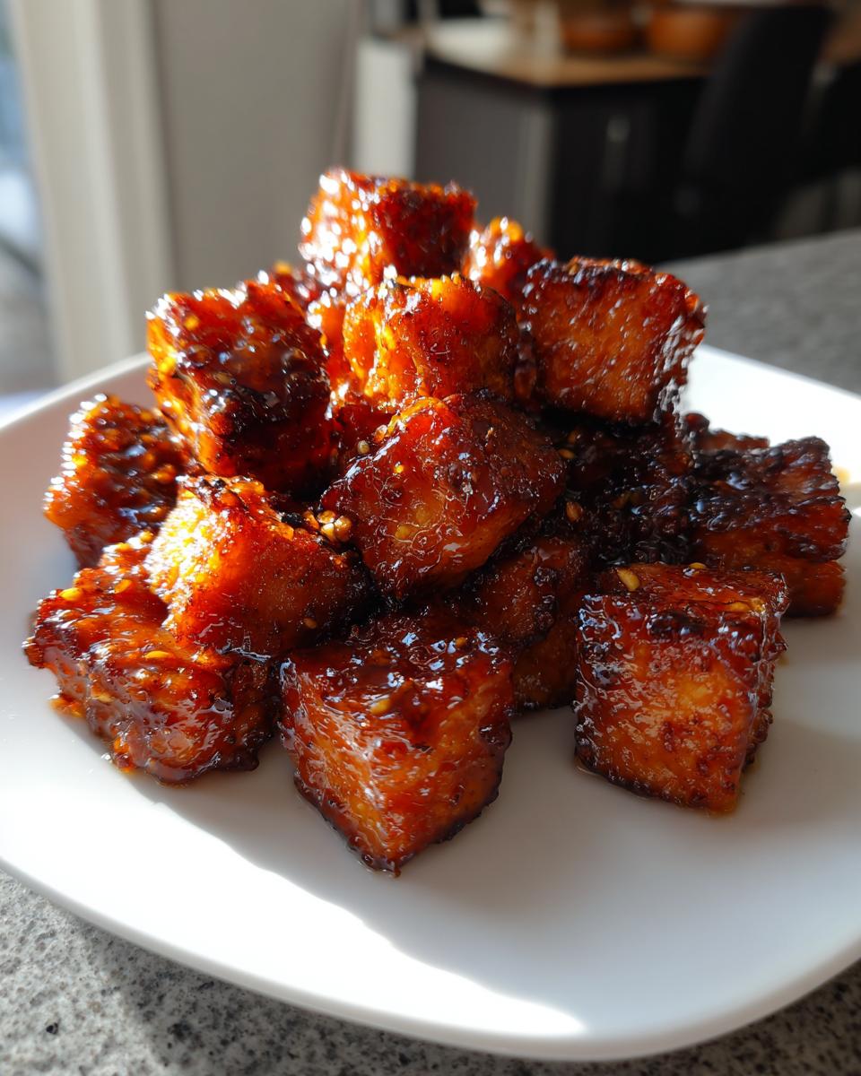 Close-up of caramelized, glazed cubes of sweet potatoes piled on a white plate.