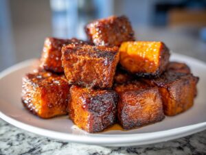 Close-up of caramelized, glazed cubes of sweet potatoes stacked on a white plate.