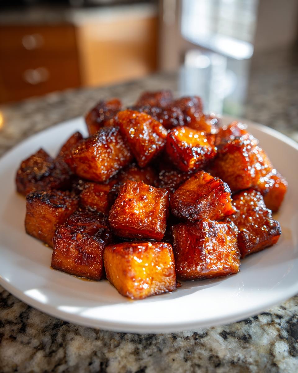A white plate piled high with caramelized, glazed sweet potatoes cubes, a perfect side dish.