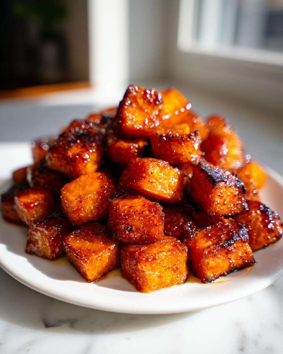 A mound of caramelized, glazed roasted sweet potatoes cubes piled high on a white plate.