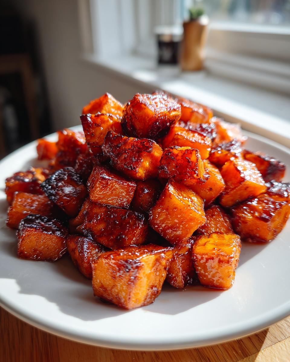 A close-up of caramelized, glazed roasted sweet potatoes piled high on a white plate, catching the sunlight.