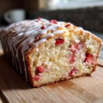 A close-up view of a freshly baked strawberry bread loaf, drizzled with white icing and filled with visible strawberry pieces.