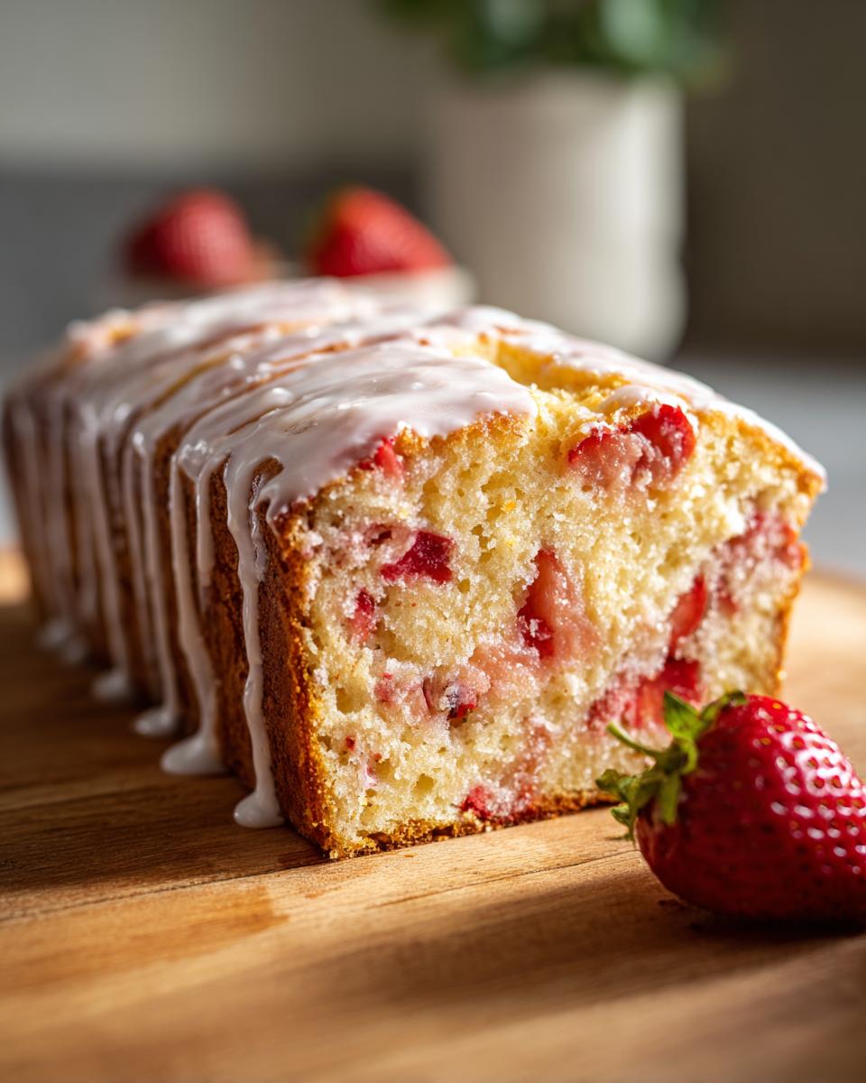 Close-up of a sliced strawberry bread loaf drizzled with white glaze, resting on a wooden board next to a fresh strawberry.