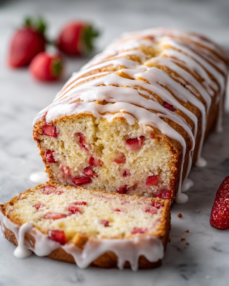 A loaf of moist strawberry bread, partially sliced, drizzled with white glaze, on a marble surface.