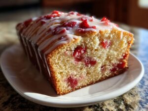 A close-up of a slice of moist strawberry bread with visible strawberry pieces and a white glaze drizzle.
