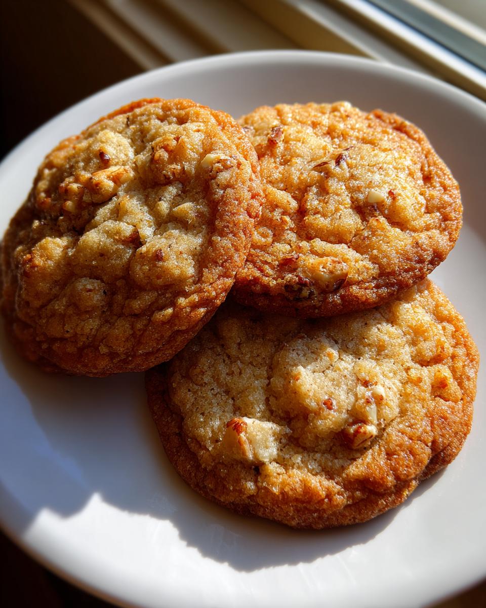 Three freshly baked, golden brown butter pecan cookies stacked slightly on a white plate, highlighted by strong sunlight.