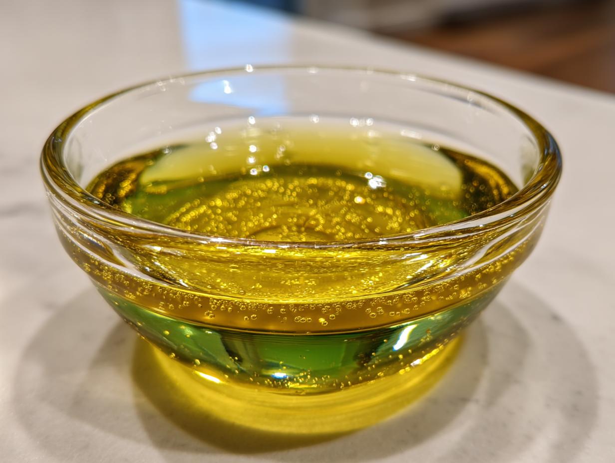 Close-up of golden, slightly bubbly oil in a small glass bowl, likely an ingredient for homemade salad dressing.