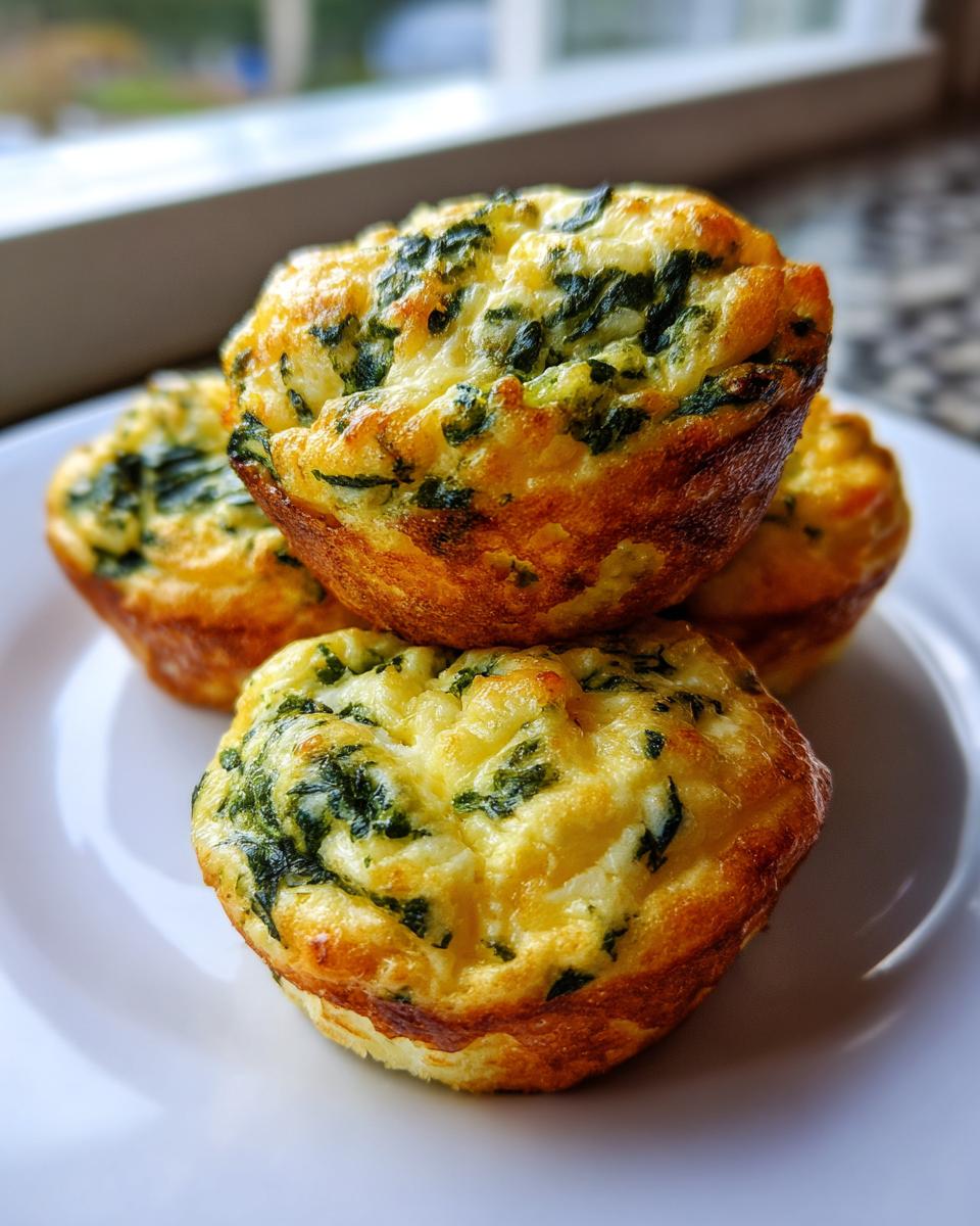 A stack of four golden brown spinach and cheese egg bites resting on a white plate near a window.