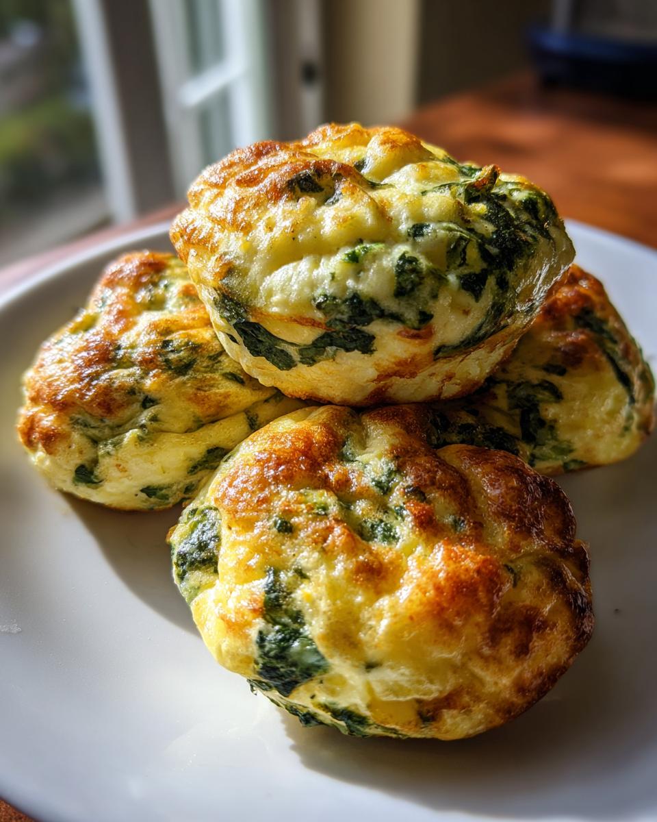 A stack of four golden brown, fluffy spinach egg bites resting on a white plate, backlit by a window.