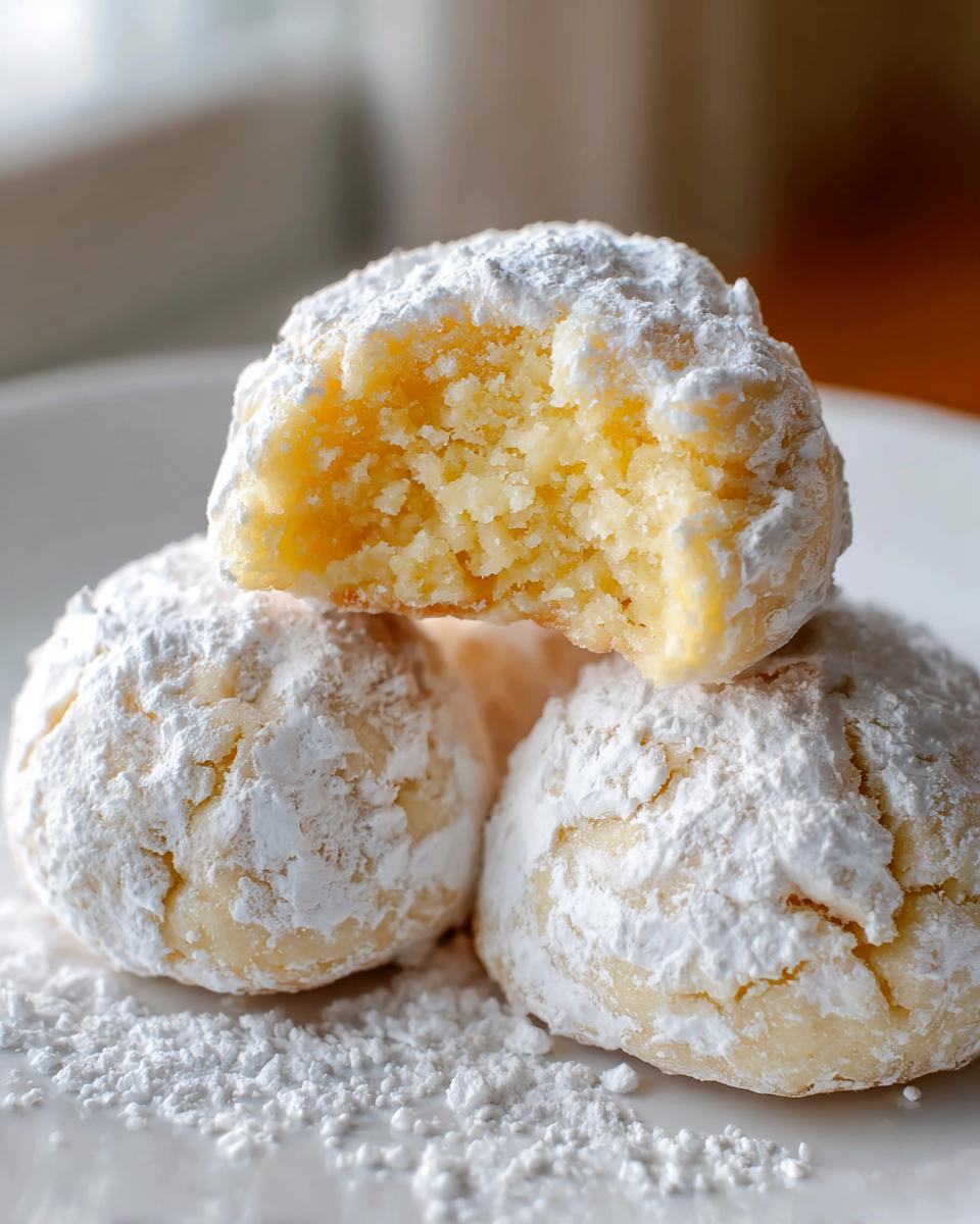 Close-up of three gooey butter cookies stacked, with one cookie broken open to show the soft, yellow interior, heavily dusted with powdered sugar.