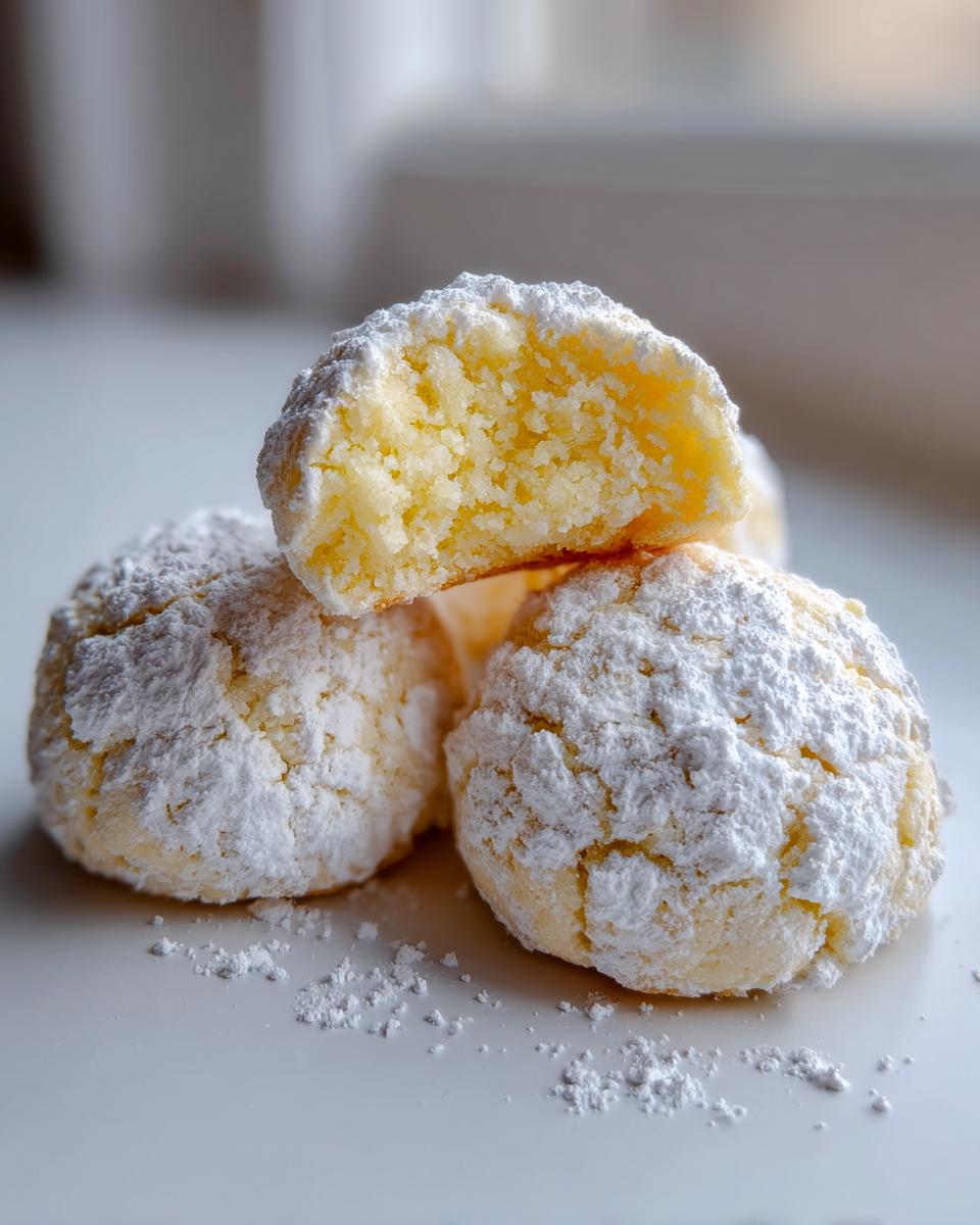 A stack of three gooey butter cookies, heavily dusted with powdered sugar, one cookie broken open to show the soft interior.