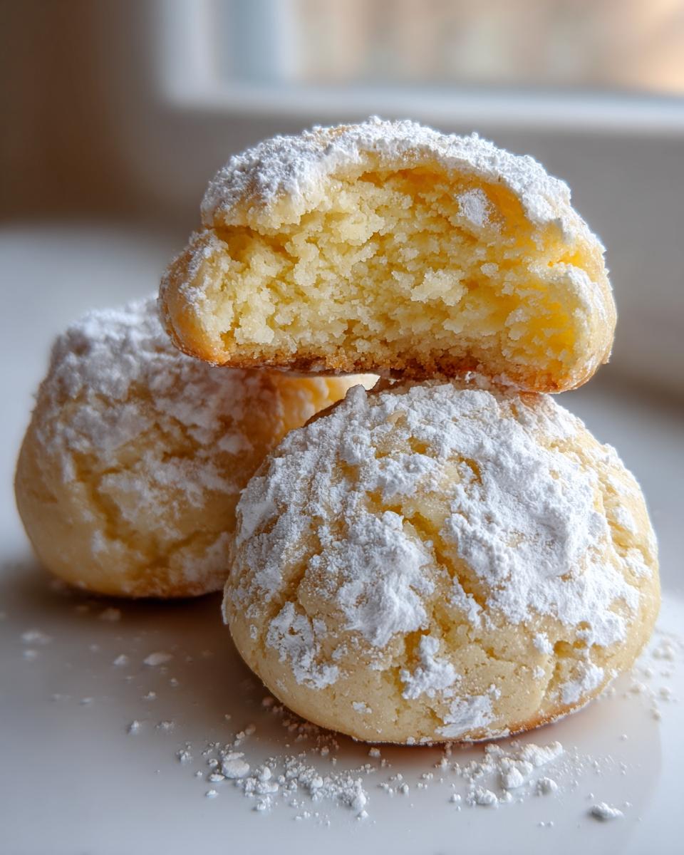 Stack of three gooey butter cookies heavily dusted with powdered sugar, one cookie broken open showing the soft interior.