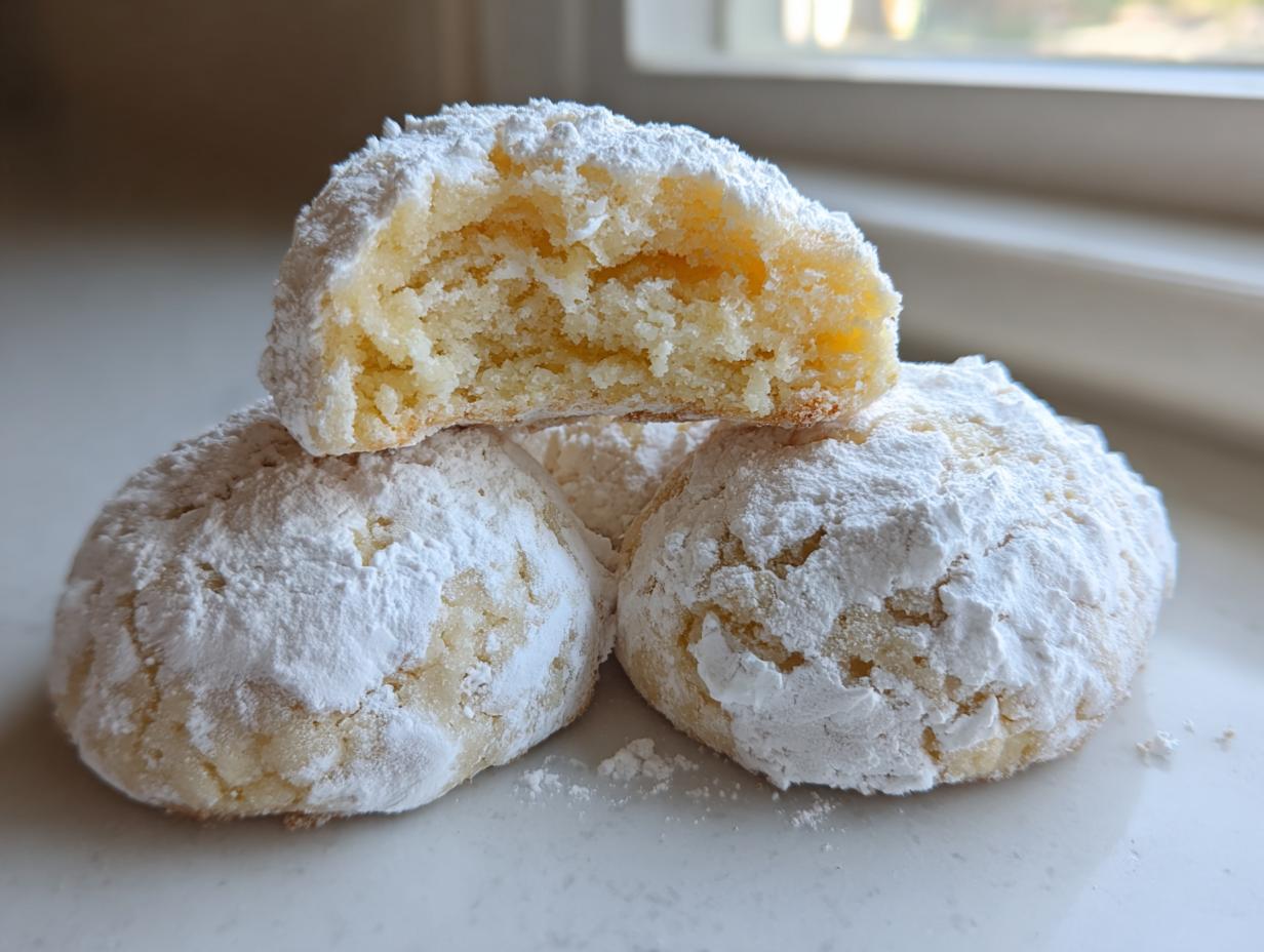 A stack of three gooey butter cookies, one broken open to show the soft, yellow interior, heavily dusted with powdered sugar.
