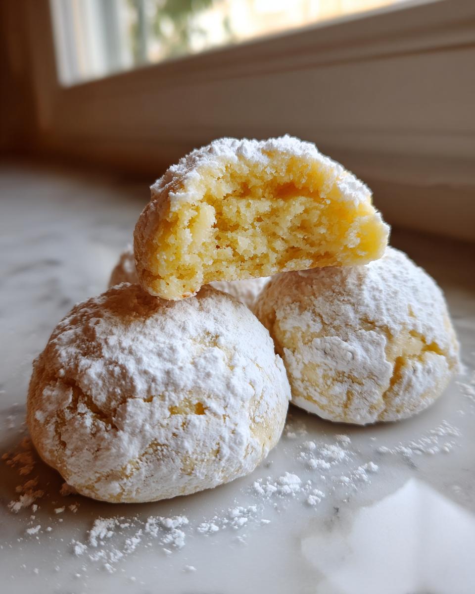 Three soft, round gooey butter cookies heavily coated in powdered sugar, one broken open to show the interior.