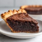 A close-up of a rich, dark slice of gooey chocolate chess pie on a white plate.