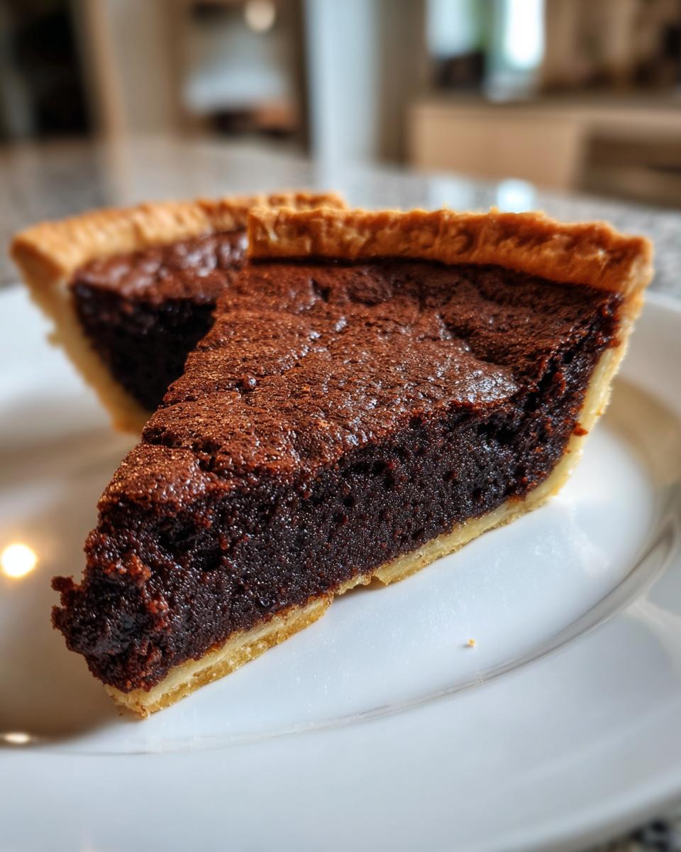 Close-up of a rich, gooey slice of chocolate chess pie with a flaky crust on a white plate.