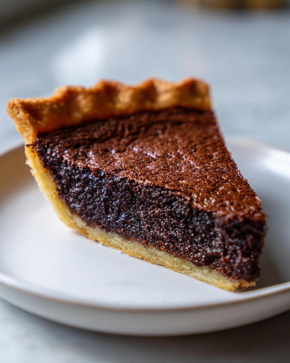 A close-up of a rich, gooey slice of chocolate chess pie with a flaky crust served on a white plate.