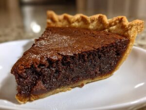 A close-up shot of a rich, dark slice of chocolate chess pie with a flaky crust on a white plate.