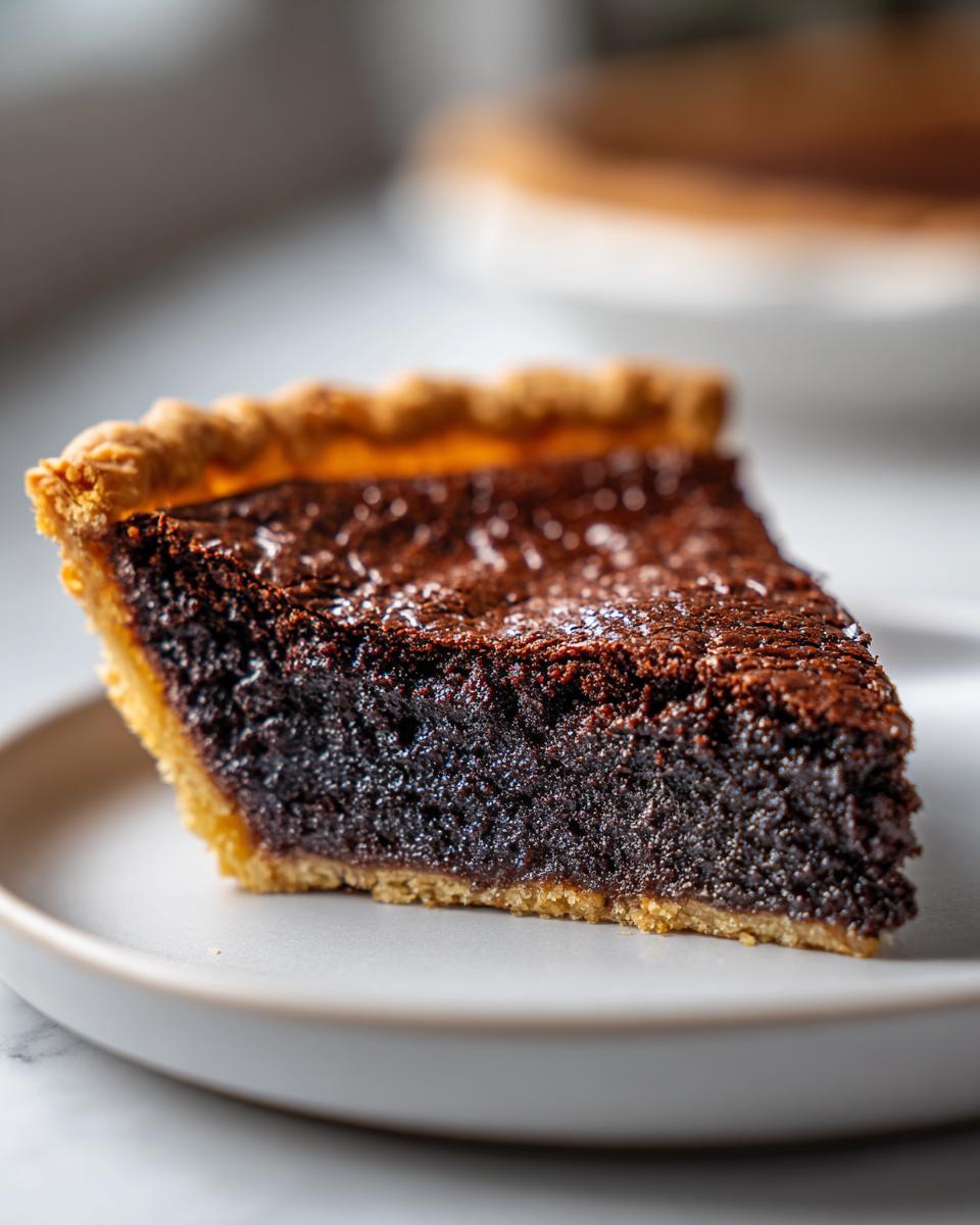 Close-up of a rich, dark slice of chocolate chess pie with a flaky crust, lightly dusted with sugar.