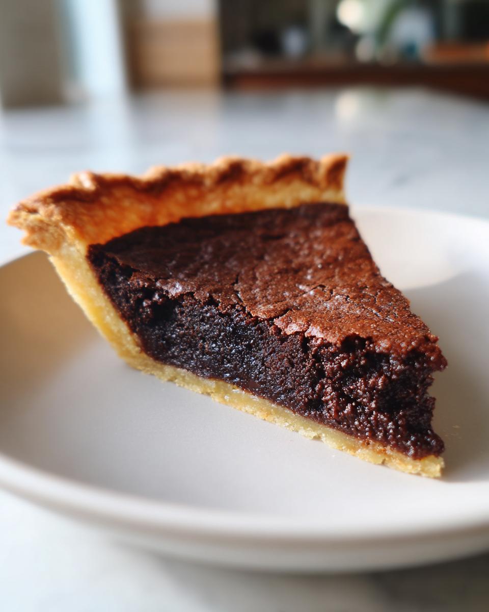 A close-up shot of a single slice of gooey chocolate chess pie with a flaky crust served on a light-colored plate.