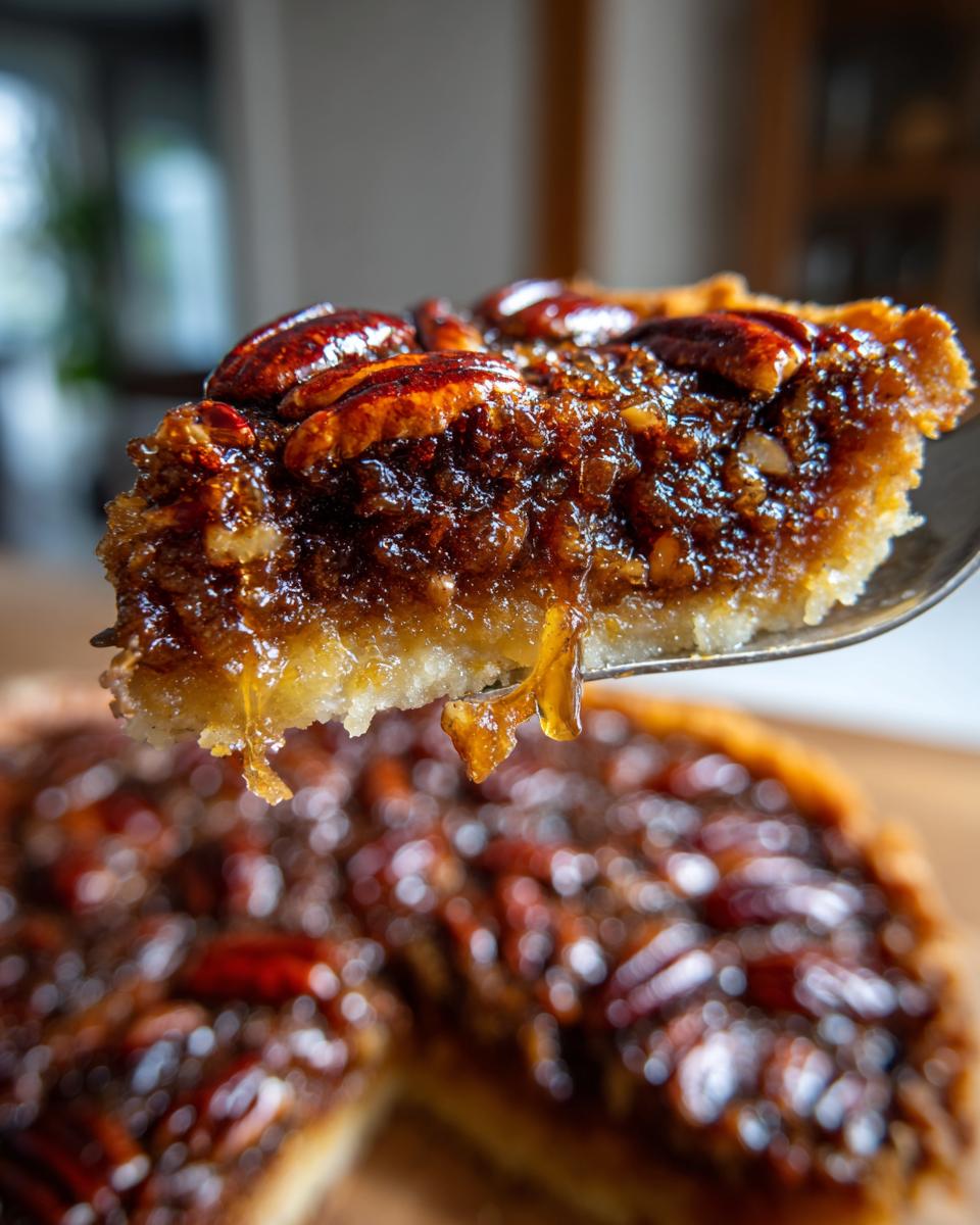 A gooey, caramelized slice of pecan pie cobbler recipe being lifted on a serving utensil, showing pecans on top.