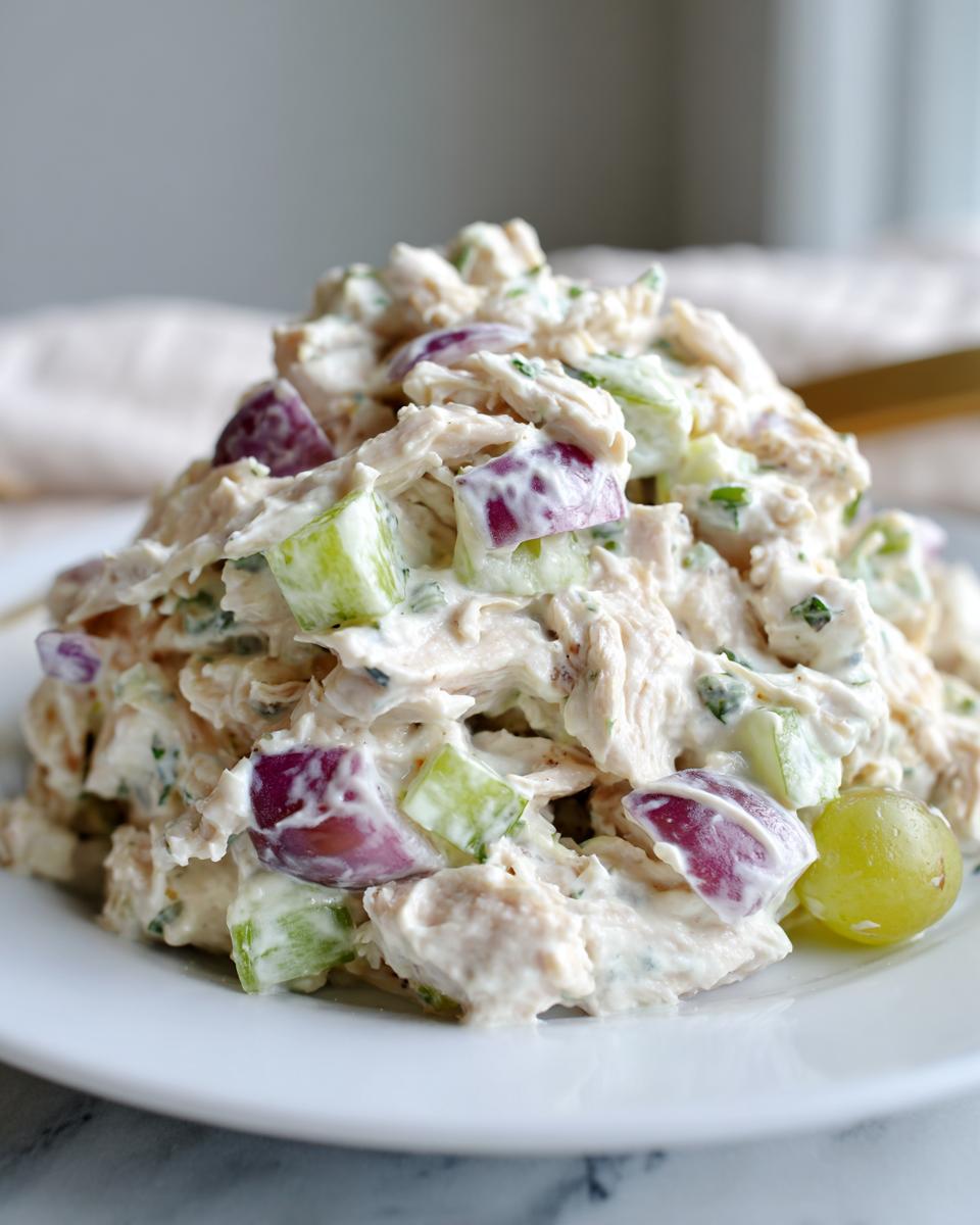 A mound of creamy greek yogurt chicken salad mixed with red onion, celery, and grapes on a white plate.