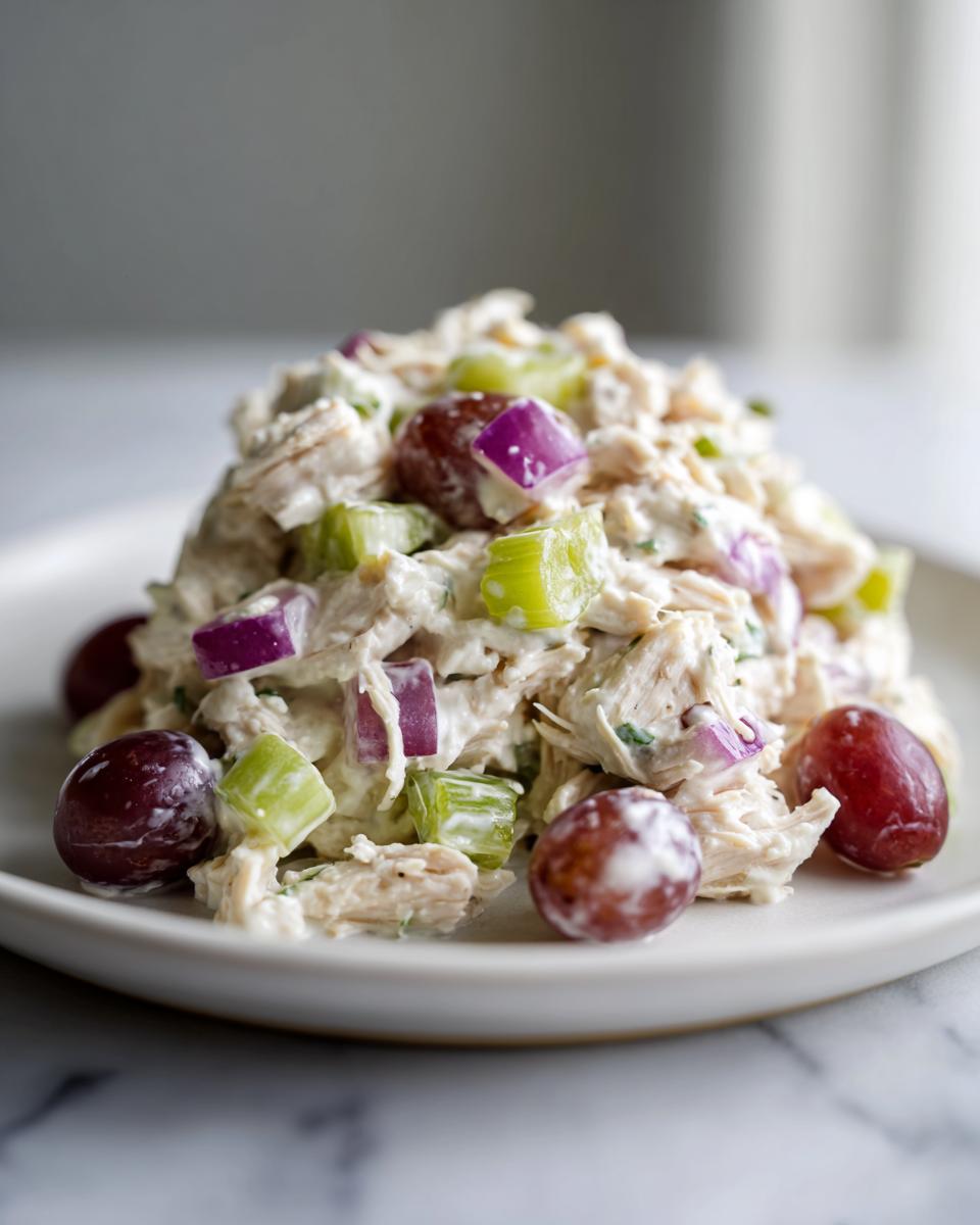 A mound of creamy greek yogurt chicken salad mixed with celery and red onion, garnished with whole red grapes.