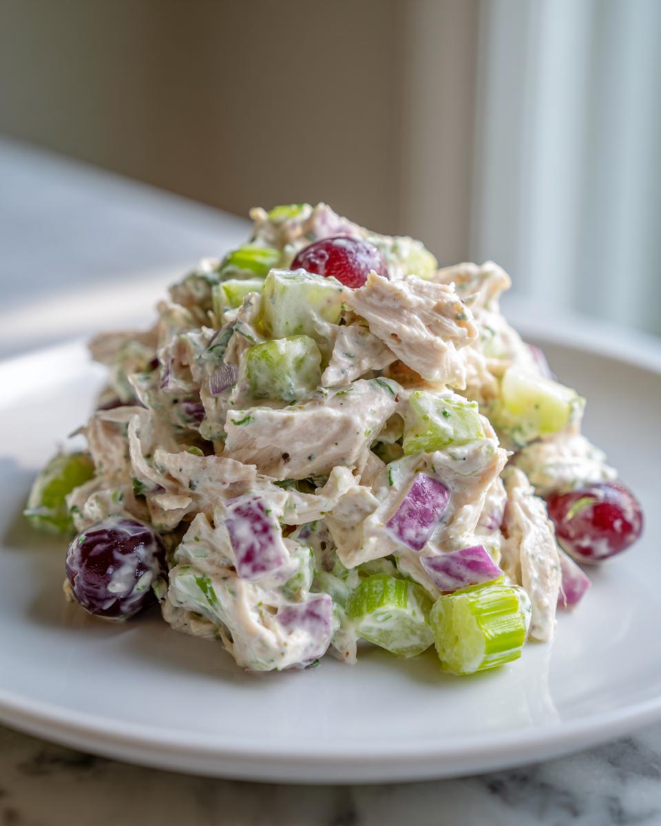 A mound of creamy greek yogurt chicken salad mixed with celery, red onion, and red grapes on a white plate.