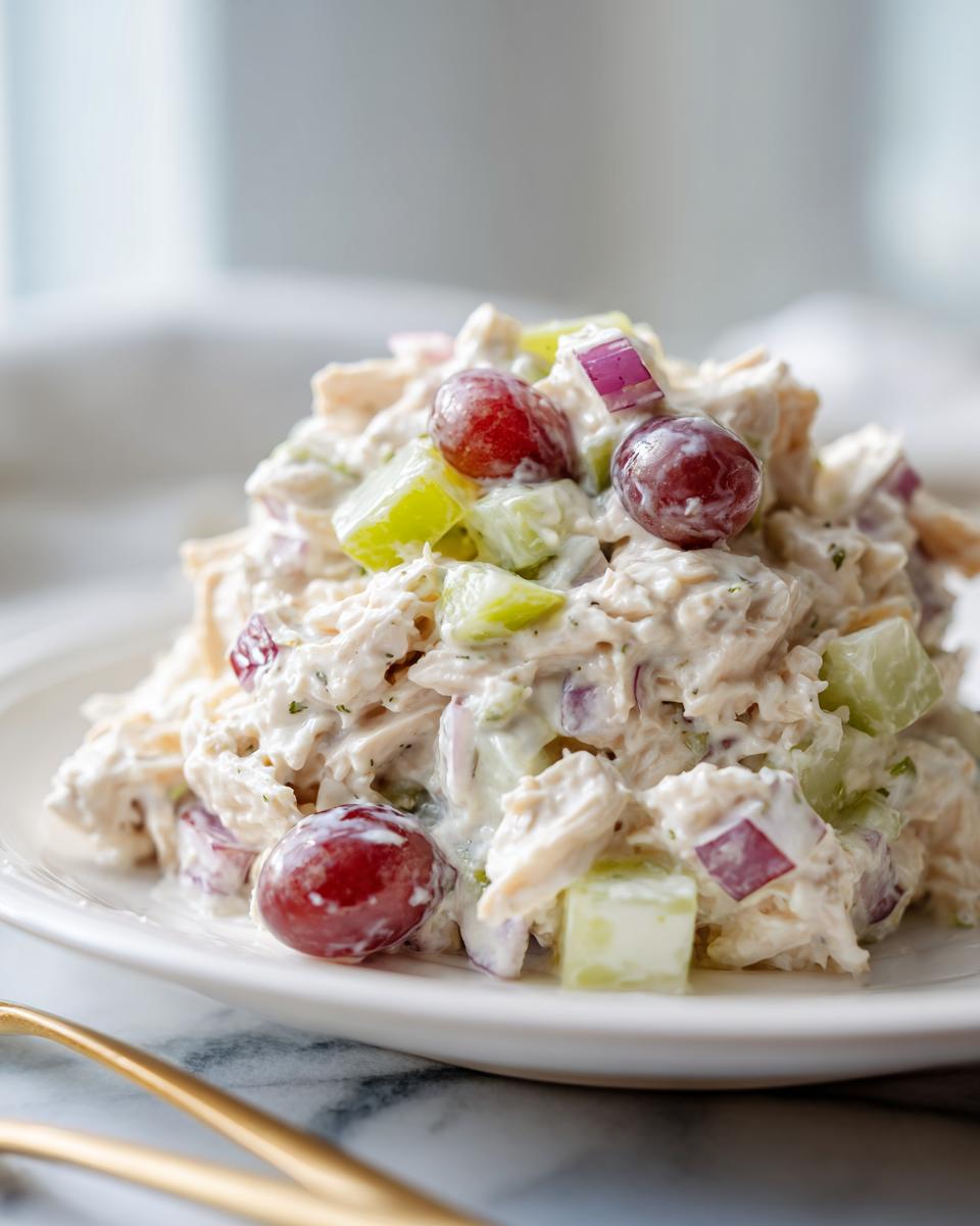 A mound of creamy greek yogurt chicken salad mixed with red onion, celery, and red grapes, served on a white plate.