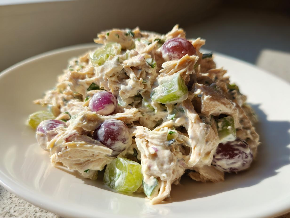 A mound of creamy greek yogurt chicken salad mixed with celery and red/green grapes on a white plate.