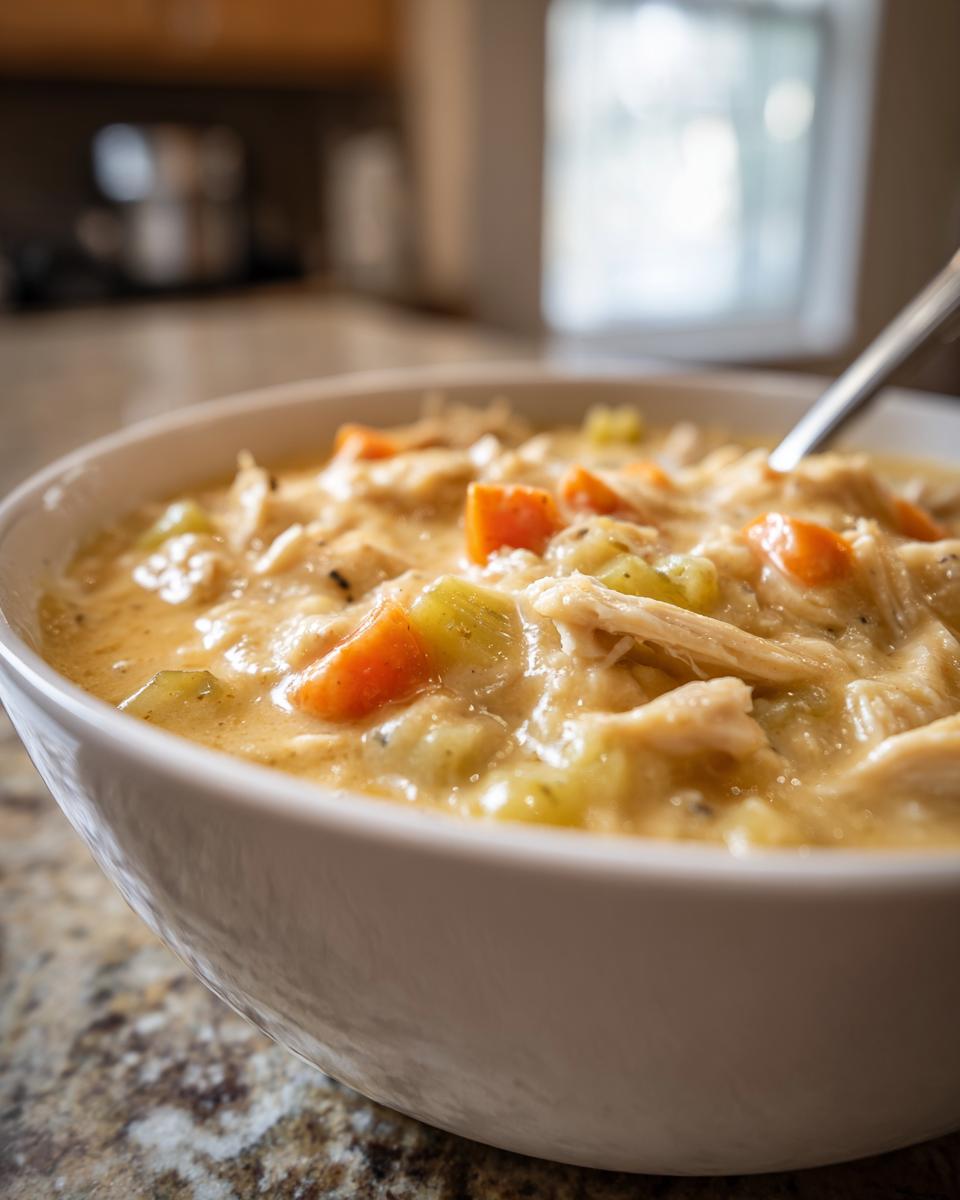 Close-up of a white bowl filled with thick cream of chicken soup, featuring shredded chicken, carrots, and celery.