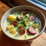 Close-up of a creamy kielbasa potato soup garnished with fresh parsley in a rustic bowl.