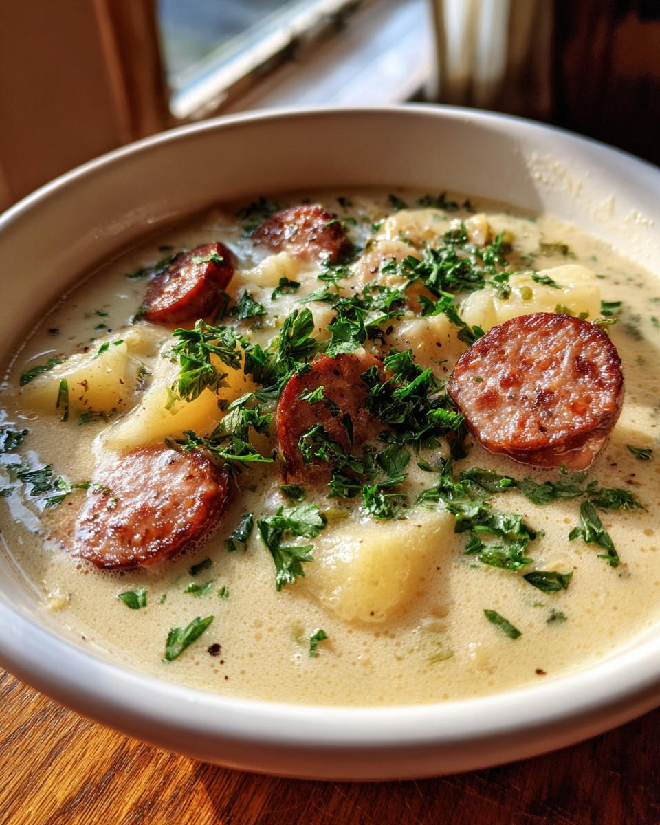 A close-up bowl of creamy kielbasa potato soup, featuring thick slices of browned sausage and fresh parsley garnish.