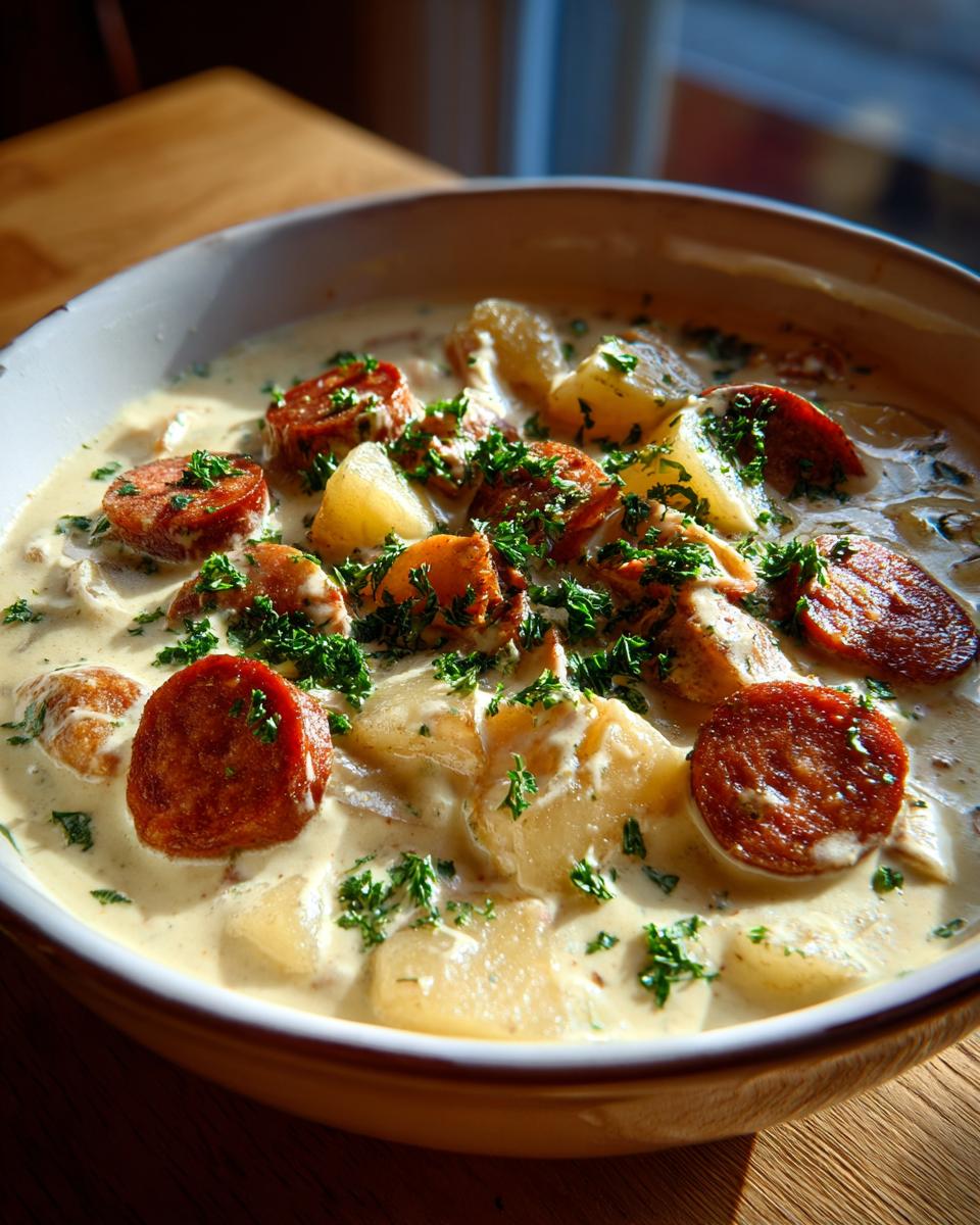 Close-up of hearty kielbasa potato soup in a bowl, featuring sliced sausage and potatoes in a creamy broth.