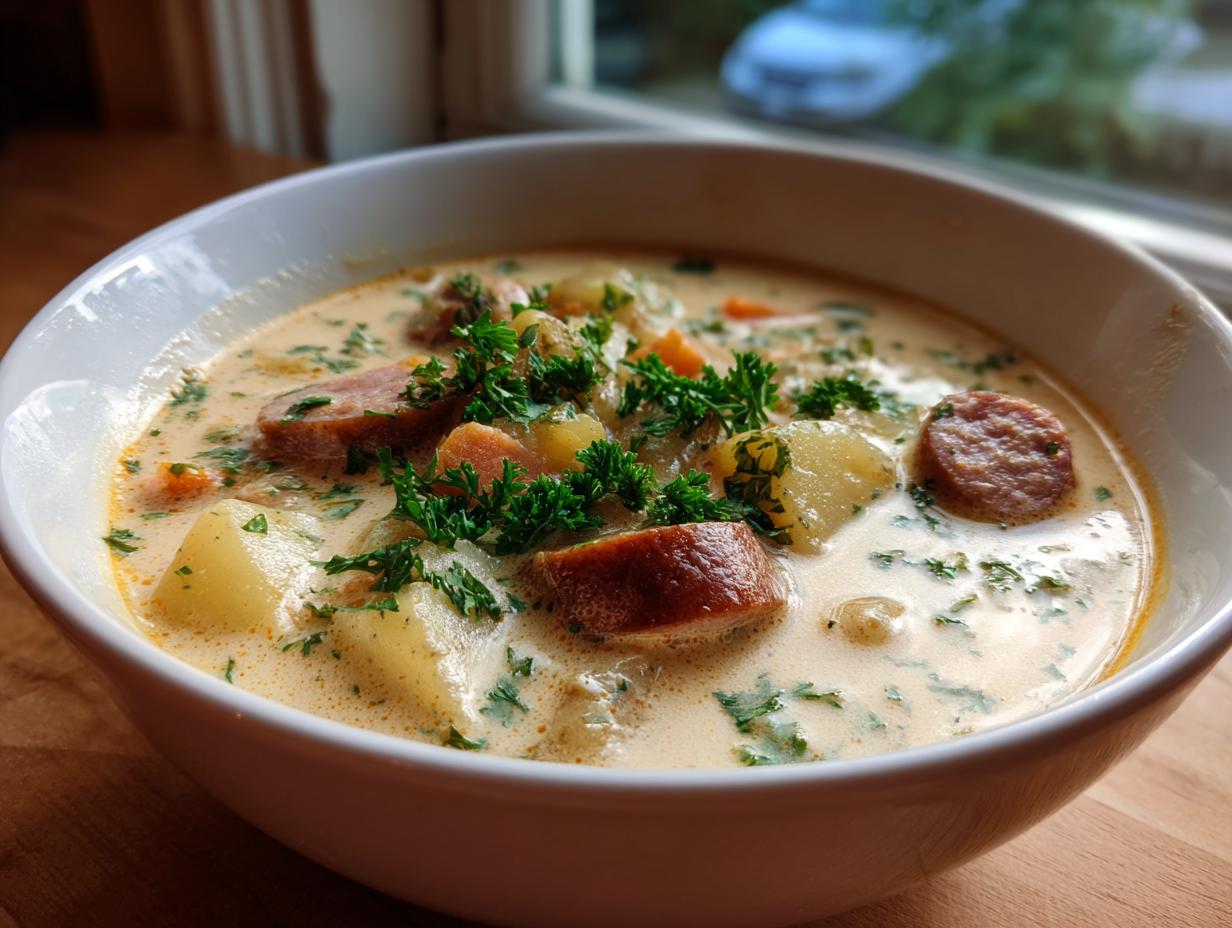 Close-up of a creamy bowl of kielbasa potato soup, garnished generously with fresh parsley.