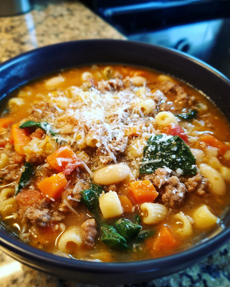Close-up of a steaming bowl of pasta e fagioli soup, rich with beans, pasta, vegetables, and grated Parmesan cheese.