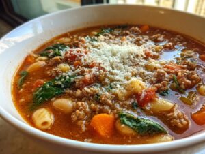 Close-up of a steaming bowl of pasta e fagioli soup, rich with ground meat, beans, vegetables, and topped with grated Parmesan cheese.