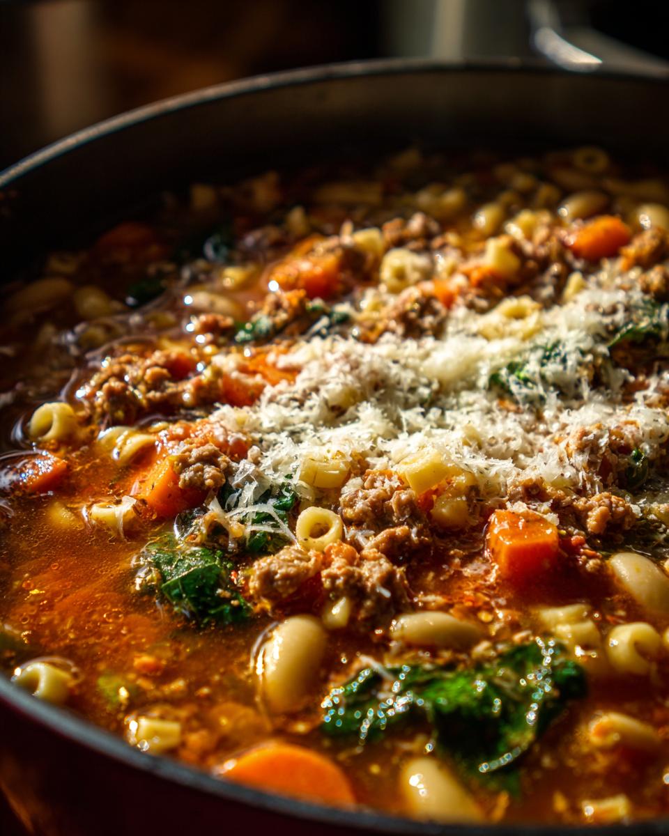 Close-up of steaming pasta e fagioli soup with beans, pasta, meat, and grated Parmesan cheese.