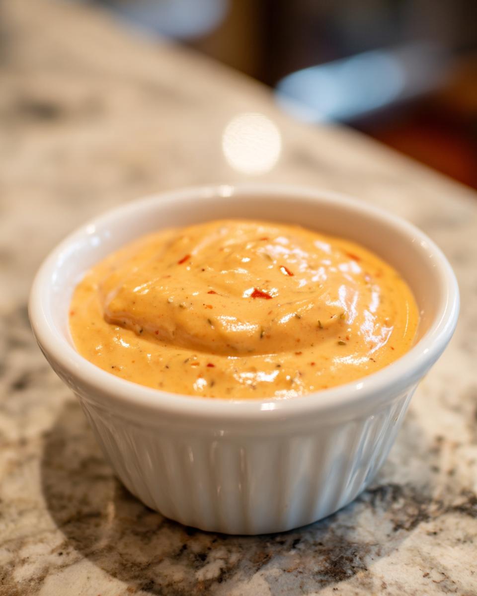 Close-up of creamy, orange-hued homemade burger sauce speckled with spices in a small white bowl.