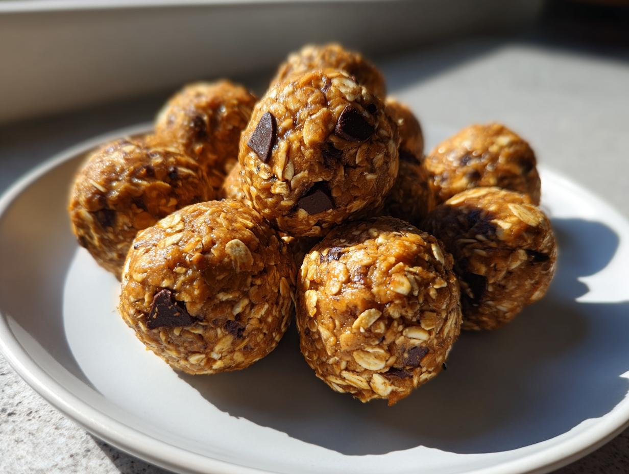 A pile of homemade chocolate chip protein balls made with oats, sitting on a white plate in bright sunlight.
